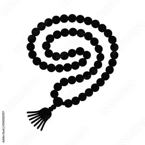Black and white tasbih prayer beads with tassel vector illustration on a white background.