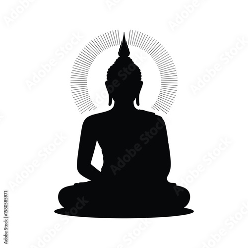 Silhouette of a seated buddha with a halo representing peace and tranquility on white