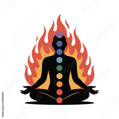 Illustration of a meditating person with chakra symbols and surrounding flames on white background