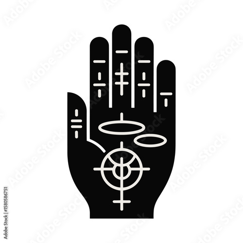 Vector illustration of a stylized hand with symbolic elements related to spirituality and astrology