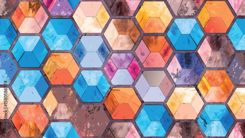 Abstract mosaic pattern featuring colorful hexagonal tiles in a geometric arrangement design style