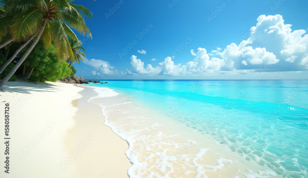 Naklejka premium Tropical Beach with Crystal Clear Waters and Palm Trees