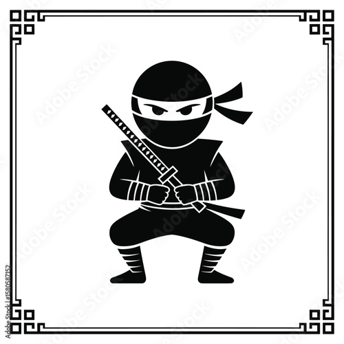 Simple black and white illustration of a stealthy ninja with samurai sword and frame