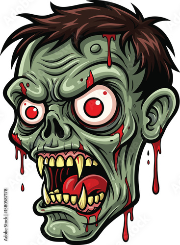 Cartoon zombie head with blood and fangs, horror monster face illustration, creepy undead character, Halloween or apocalypse theme