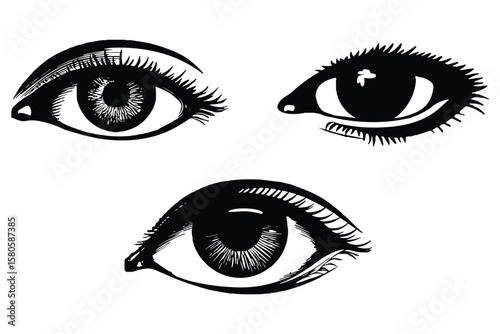 set of detailed eye silhouette illustrations in black, featuring expressive eye shapes on white background