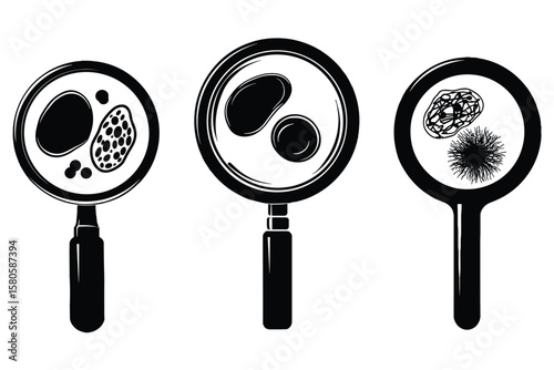set of bacteria under microscope silhouette illustrations in black, featuring germs in petri dishes on white background