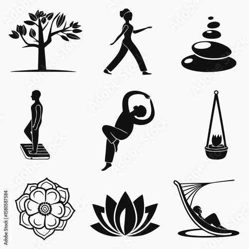 Diverse silhouettes representing health, nature, meditation, and wellness activities in minimalistic black and white style emphasizing holistic