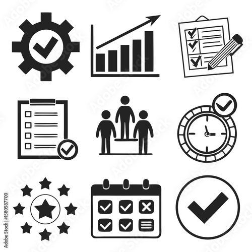 Professional business performance analysis and workflow management icons representing productivity enhancement and operational efficiency in