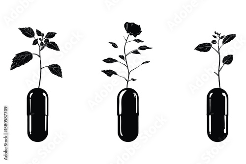 variety of plant in jar silhouette icons in black, featuring laboratory growing setups on white background