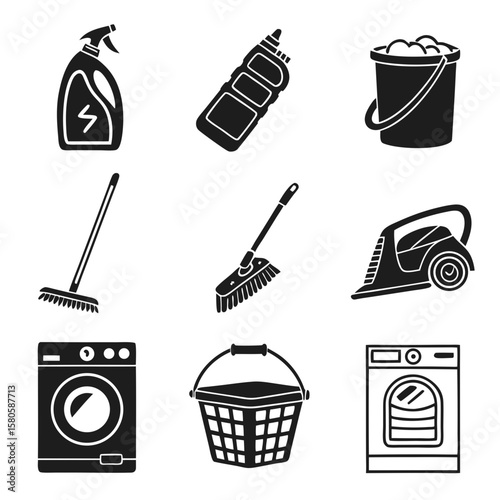 Collection of household cleaning and maintenance tools including sprays, brushes, vacuums, and laundry appliances arranged in minimal