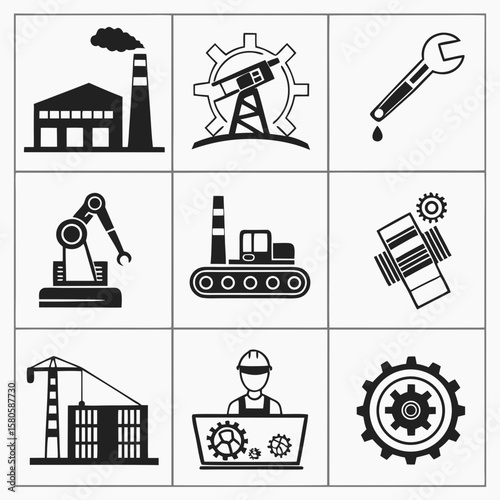 industrial manufacturing and engineering process depicting factories machinery and automation elements in a minimalistic black and white design