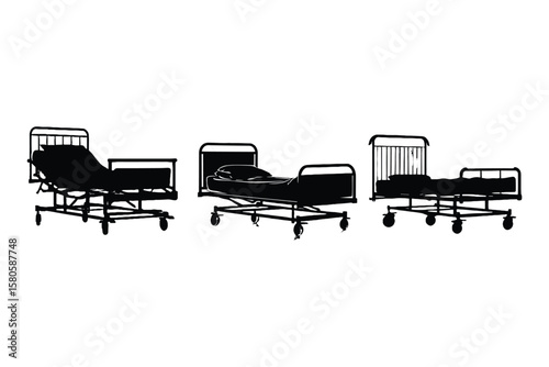 variety of hospital bed silhouette icons in black, featuring adjustable medical beds on white background