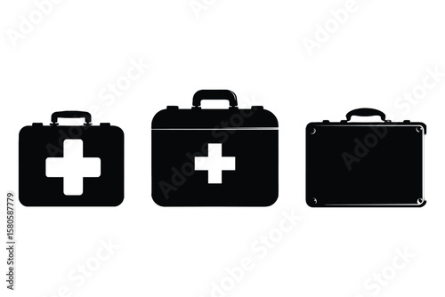 set of first aid kit silhouette icons in black, featuring emergency medical bags on white background