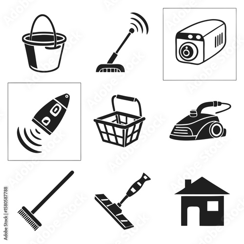 Home Cleaning and Maintenance Tools Collection Featuring Broom Vacuum Carpet Sweeper and House Icon Set