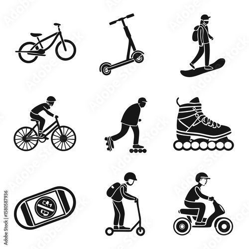 Collection of various outdoor activity and transportation icons including bicycles, skateboards, roller skates, and mobility devices representing