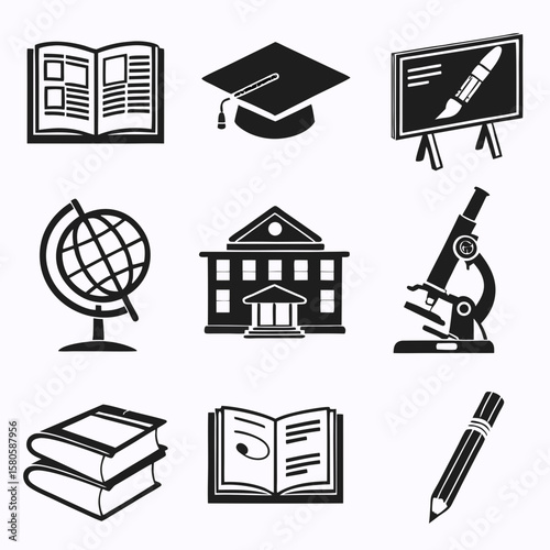 Educational and academic icons symbolizing learning resources and scholarly activities in a minimalistic monochrome style