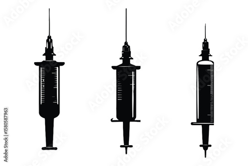 set of syringe silhouette illustrations in black, featuring needle types for medical injection on white background