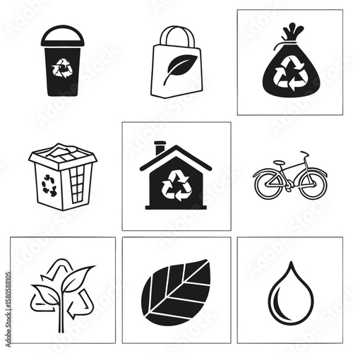 Ecological waste management icons illustrating recycling principles and sustainable practices in environmental conservation