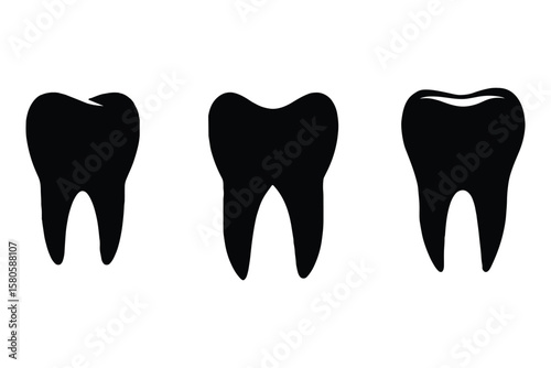 variety of tooth silhouette icons in black, featuring dental and molar shapes on white background