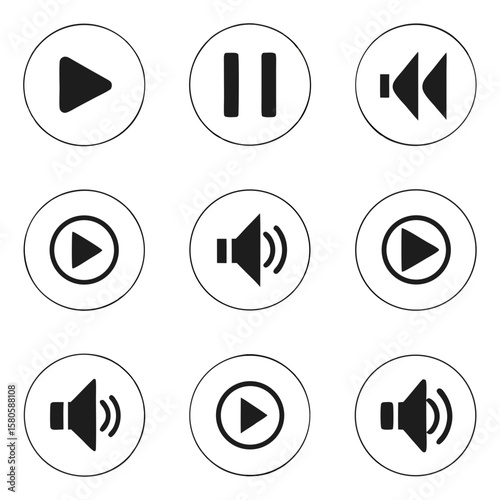 Collection of various media control icons including play, pause, rewind, fast forward, and volume adjustment symbols for multimedia interfaces
