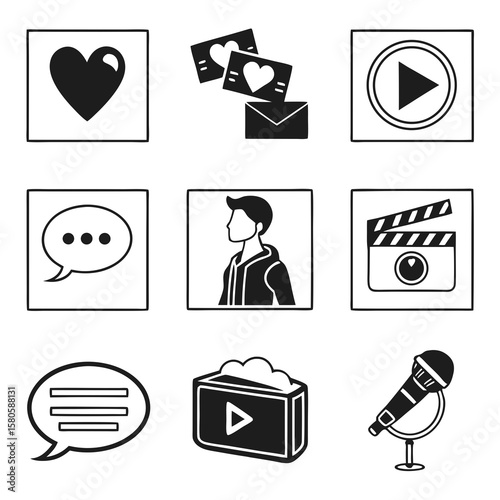 Minimalist icon collection featuring communication, media, and entertainment symbols in simple black and white line art design perfect for digital