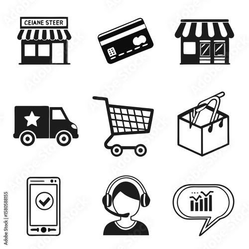Digital Commerce and Retail Icons Collection Depicting Shopping and Financial Transactions for Online Marketplaces and Consumer Interaction