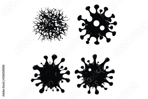set of virus cluster silhouette icons in black, featuring grouped microorganism shapes