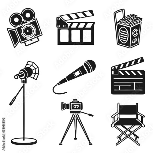 Collection of monochrome film and video production equipment icons including cameras microphones and lighting gear for visual media creation