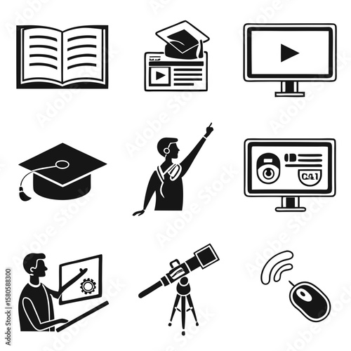 Collection of educational and scientific icons representing learning tools, technology, communication, and academic achievements for diverse