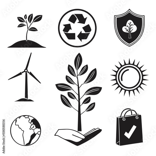 Environmental sustainability icons featuring renewable energy, eco protection, recycling, and natural resources conservation symbols