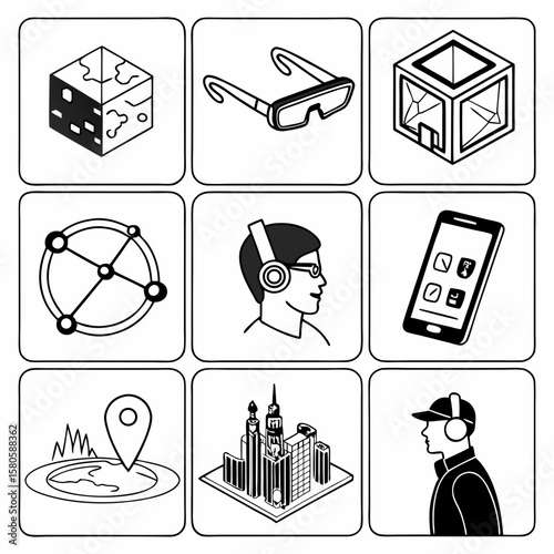 Collection of modern technology icons representing smart devices augmented reality and urban landscape monitoring in a minimalistic style