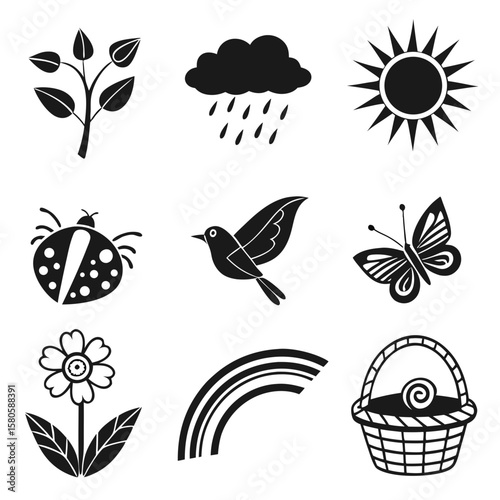 Collection of minimalist nature and weather icons including plant flower butterfly bird and weather symbols for eco or outdoor themes