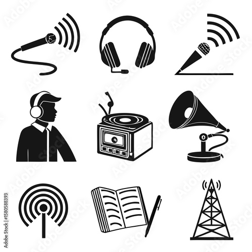 Silhouette Illustration of Radio Broadcast Equipment and Communication Devices in Black and White for Media and Communication Concept