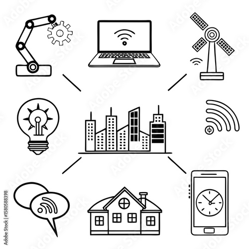 Modern interconnected technological device icons representing innovation and smart home connectivity in a minimalist black line art style