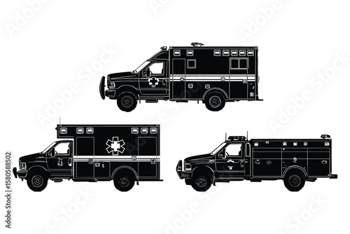 variety of ambulance silhouette illustrations in black, featuring emergency medical vehicles