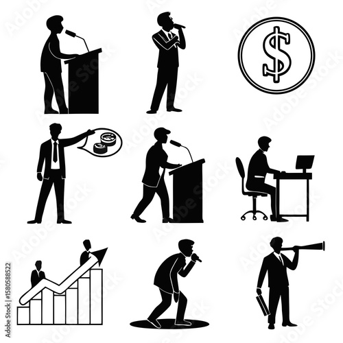 Silhouettes of Business Professionals Engaged in Public Speaking and Data Presentation activities in a corporate environment with financial and