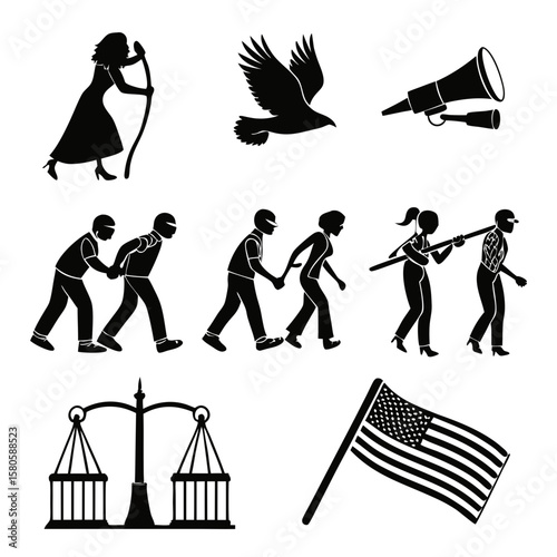 Diverse silhouette icons representing social activism, communication, justice, and unity symbols in simplified black graphic style for social