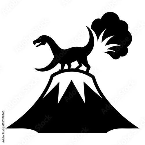 Dinosaur atop mountain with smoke silhouette vector illustration