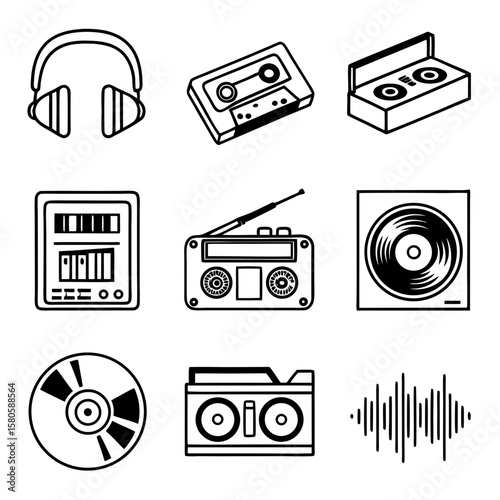 Collection of Vintage Audio Devices Including Headphones Cassette Player and Turntable for Music Enthusiasts