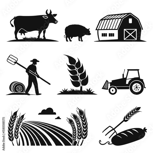 Diverse agricultural and farm management icons depicting livestock, crop production, machinery, and farming activities in a minimalistic black
