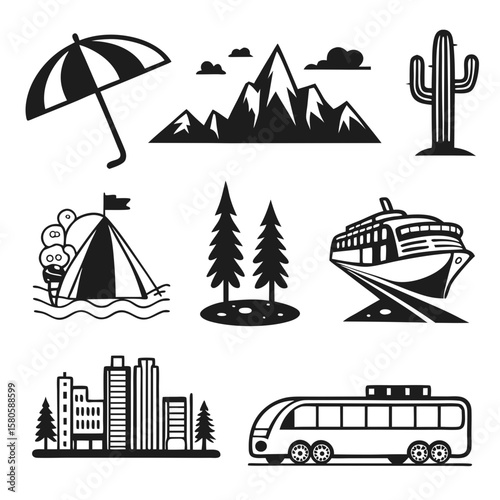 Minimalist outdoor adventure and transportation icons depicting nature landscapes and travel modes in simple monochrome style for digital design