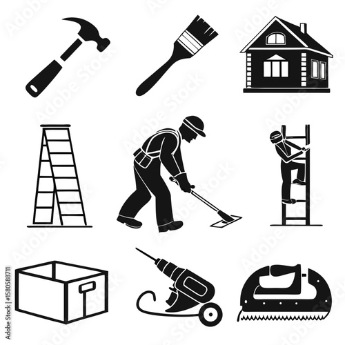 Tools and workforce icons representing construction and home improvement activities with a focus on repair and renovation processes in black