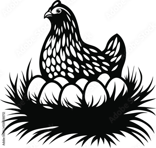 Stylized black and white chicken sitting on eggs in a nest