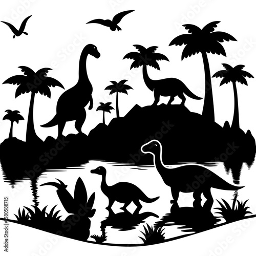 Dinosaurs jurassic park with palms trees silhouette vector illustration