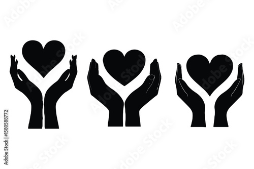 hands holding heart symbol silhouette illustrations for care and charity themes