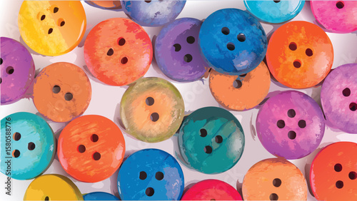 A collection of colorful buttons scattered across a white surface with varying hole configurations