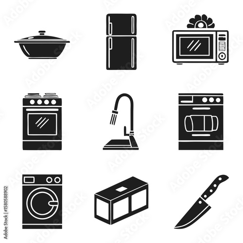 Collection of essential kitchen appliances and utensils including stove refrigerator microwave sink and knife for efficient cooking and food