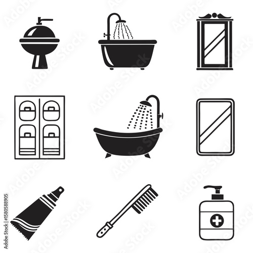 Collection of essential bathroom fixtures including sink, bathtub, mirror, storage, and hygiene products for modern sanitation and personal care