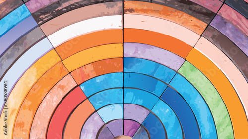 Colorful semi circular pattern with different shades of orange blue and purple in an abstract design