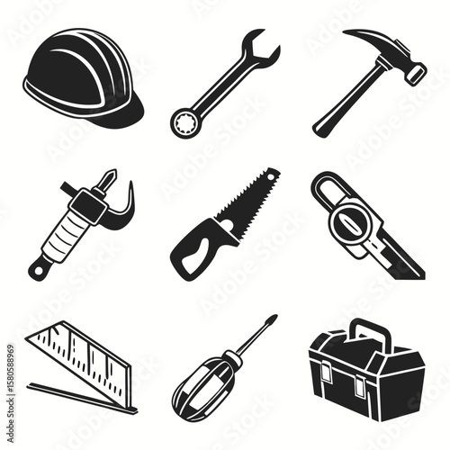 Collection of essential construction tools and safety gear including helmet wrench hammer saw screwdriver and measuring tape